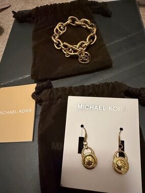 Michael Kors Gold Padlock Drop Earrings and MK Link Bracelet